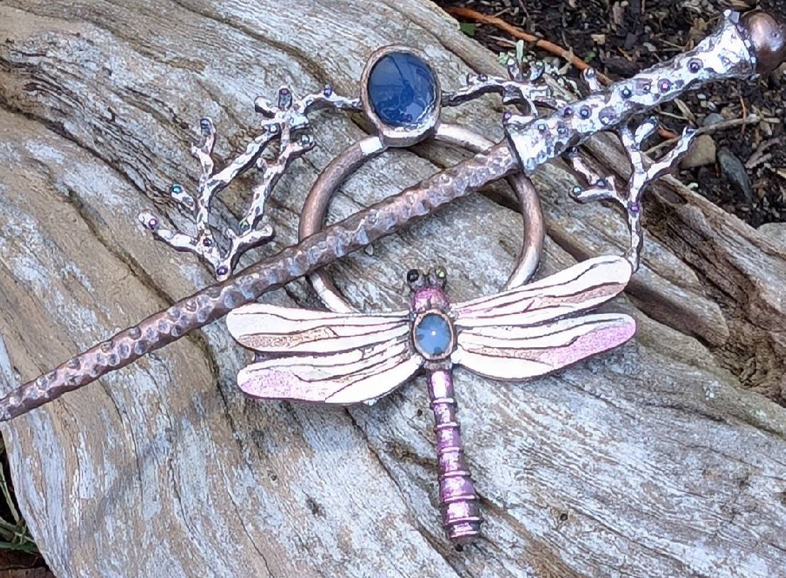 Copper dragonfly hair stick with blue gem
